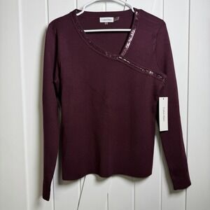 Calvin Klein Women's Embellished Asymmetrical Knit Blouse Size XS Burgundy NWT